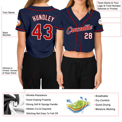 Custom Women's Navy Red-White V-Neck Cropped Baseball Jersey