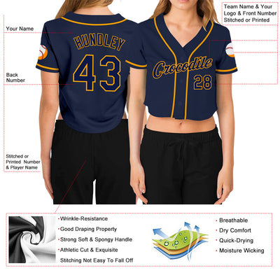 Custom Women's Navy Navy-Gold V-Neck Cropped Baseball Jersey