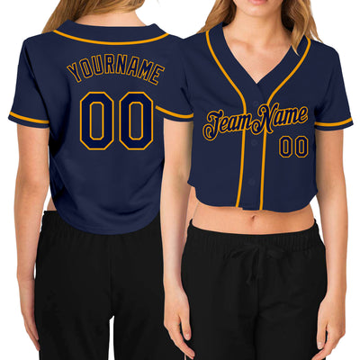 Custom Women's Navy Navy-Gold V-Neck Cropped Baseball Jersey