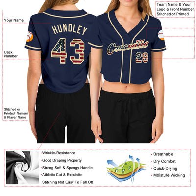 Custom Women's Navy Vintage USA Flag-Cream V-Neck Cropped Baseball Jersey