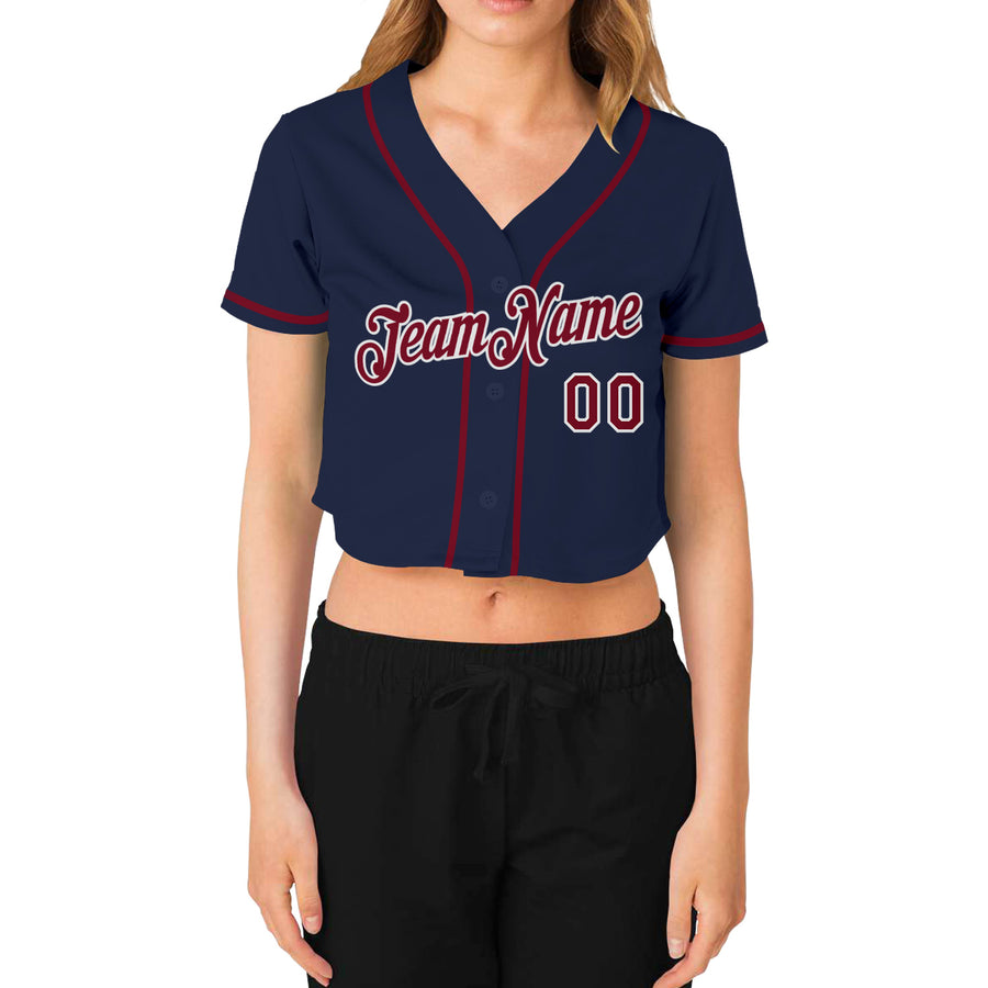 Custom Women's Navy Crimson-White V-Neck Cropped Baseball Jersey