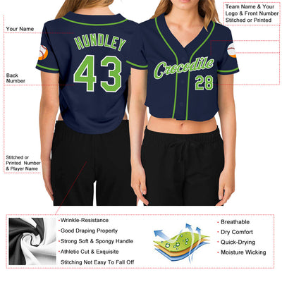 Custom Women's Navy Neon Green-White V-Neck Cropped Baseball Jersey