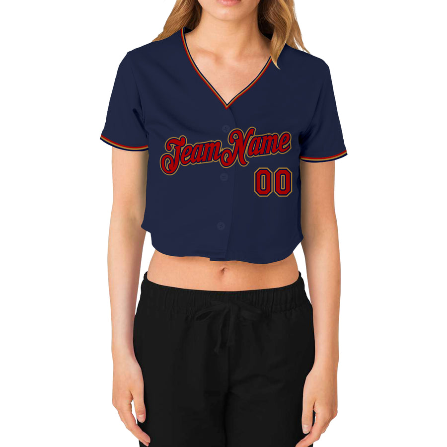 Custom Women's Navy Red-Old Gold V-Neck Cropped Baseball Jersey