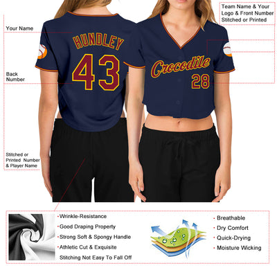 Custom Women's Navy Crimson-Gold V-Neck Cropped Baseball Jersey