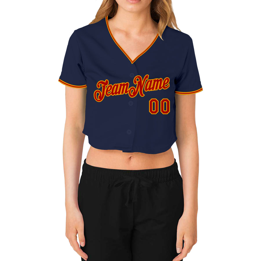 Custom Women's Navy Red-Gold V-Neck Cropped Baseball Jersey