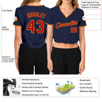 Custom Women's Navy Red-Gold V-Neck Cropped Baseball Jersey