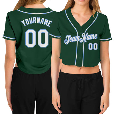 Custom Women's Green White-Light Blue V-Neck Cropped Baseball Jersey