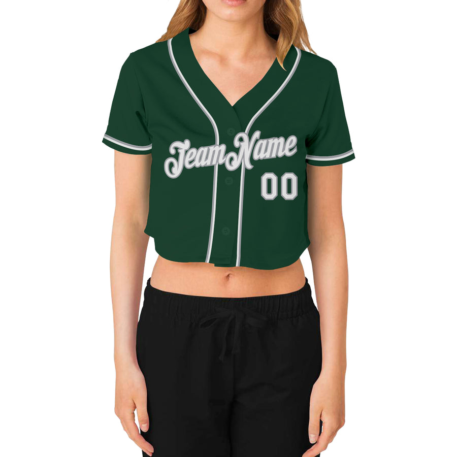 Custom Women's Green White-Gray V-Neck Cropped Baseball Jersey