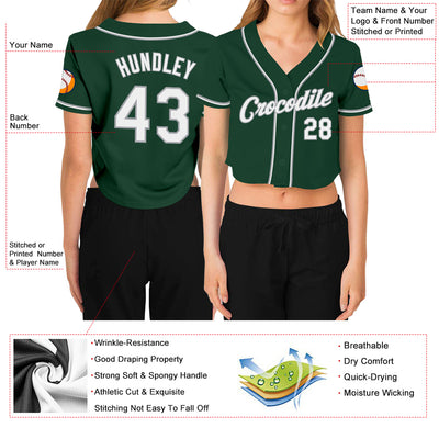 Custom Women's Green White-Gray V-Neck Cropped Baseball Jersey