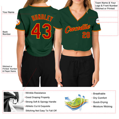 Custom Women's Green Red-Gold V-Neck Cropped Baseball Jersey