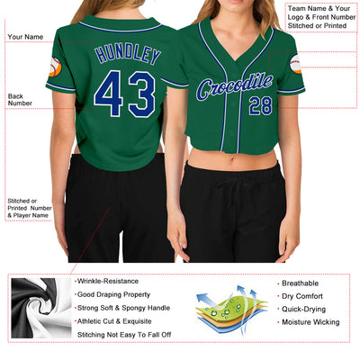 Custom Women's Kelly Green Royal-White V-Neck Cropped Baseball Jersey