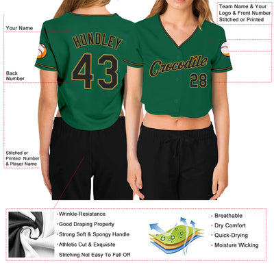 Custom Women's Kelly Green Black-Old Gold V-Neck Cropped Baseball Jersey