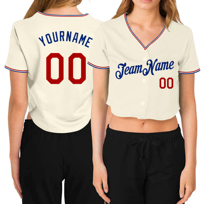 Custom Women's Cream Red-Royal V-Neck Cropped Baseball Jersey