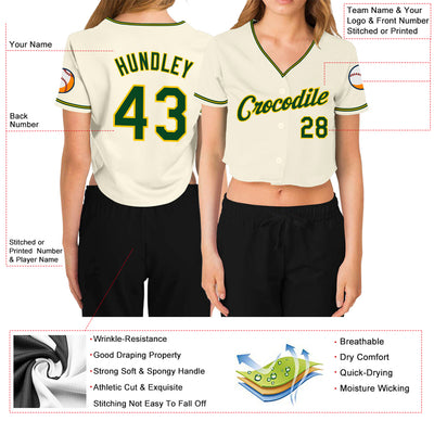 Custom Women's Cream Green-Gold V-Neck Cropped Baseball Jersey