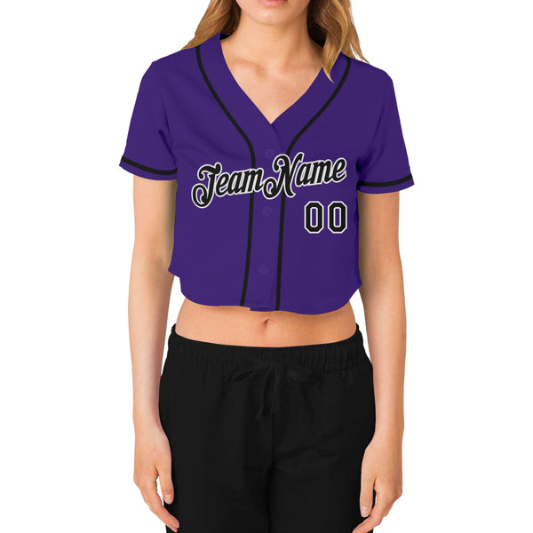 Custom Women's Purple Black-White V-Neck Cropped Baseball Jersey Women's Size:2XL