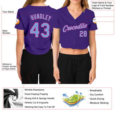 Custom Women's Purple Light Blue-Pink V-Neck Cropped Baseball Jersey