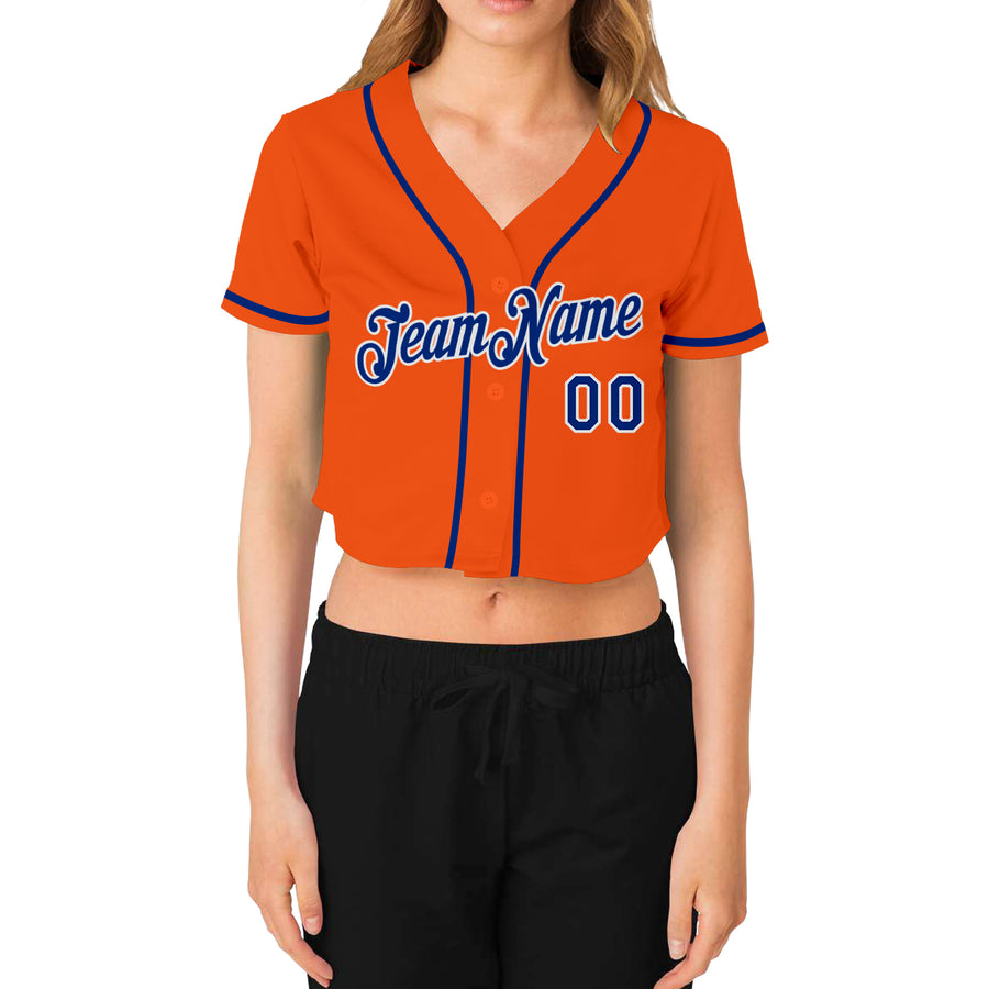 Custom Women's Orange Royal-White V-Neck Cropped Baseball Jersey