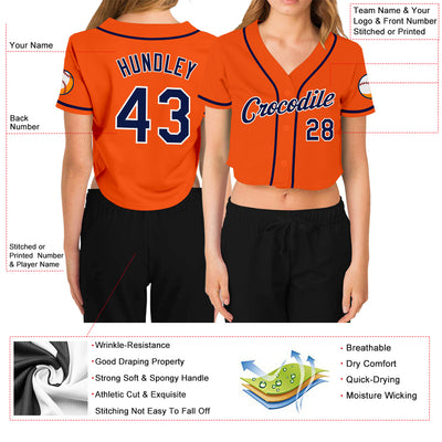 Custom Women's Orange Navy-White V-Neck Cropped Baseball Jersey