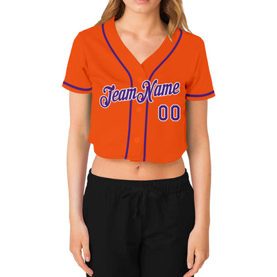 Custom Women's Orange Purple-White V-Neck Cropped Baseball Jersey