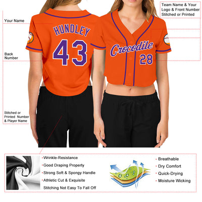 Custom Women's Orange Purple-White V-Neck Cropped Baseball Jersey