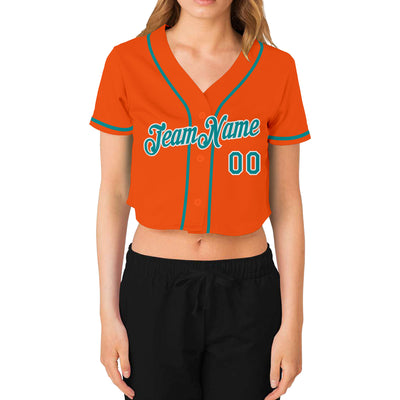 Custom Women's Orange Aqua-White V-Neck Cropped Baseball Jersey