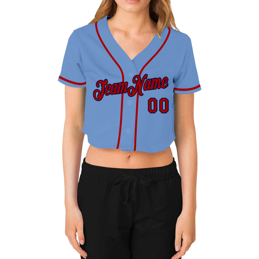 Custom Women's Light Blue Red-Navy V-Neck Cropped Baseball Jersey