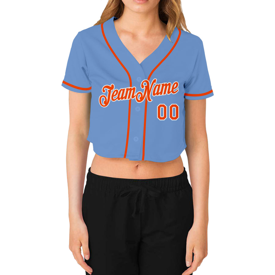 Custom Women's Light Blue Orange-White V-Neck Cropped Baseball Jersey