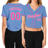 Custom Women's Light Blue Pink-White V-Neck Cropped Baseball Jersey