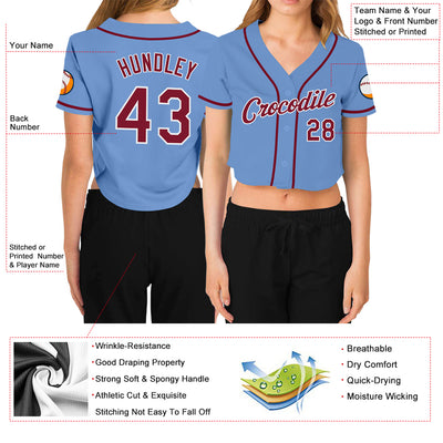 Custom Women's Light Blue Crimson-White V-Neck Cropped Baseball Jersey