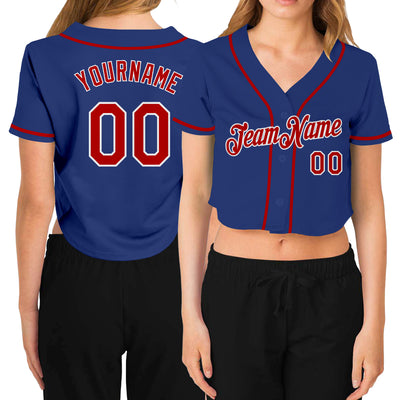 Custom Women's Royal Red-White V-Neck Cropped Baseball Jersey