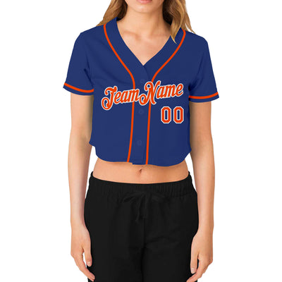 Custom Women's Royal Orange-White V-Neck Cropped Baseball Jersey