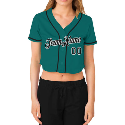 Custom Women's Aqua Black-White V-Neck Cropped Baseball Jersey