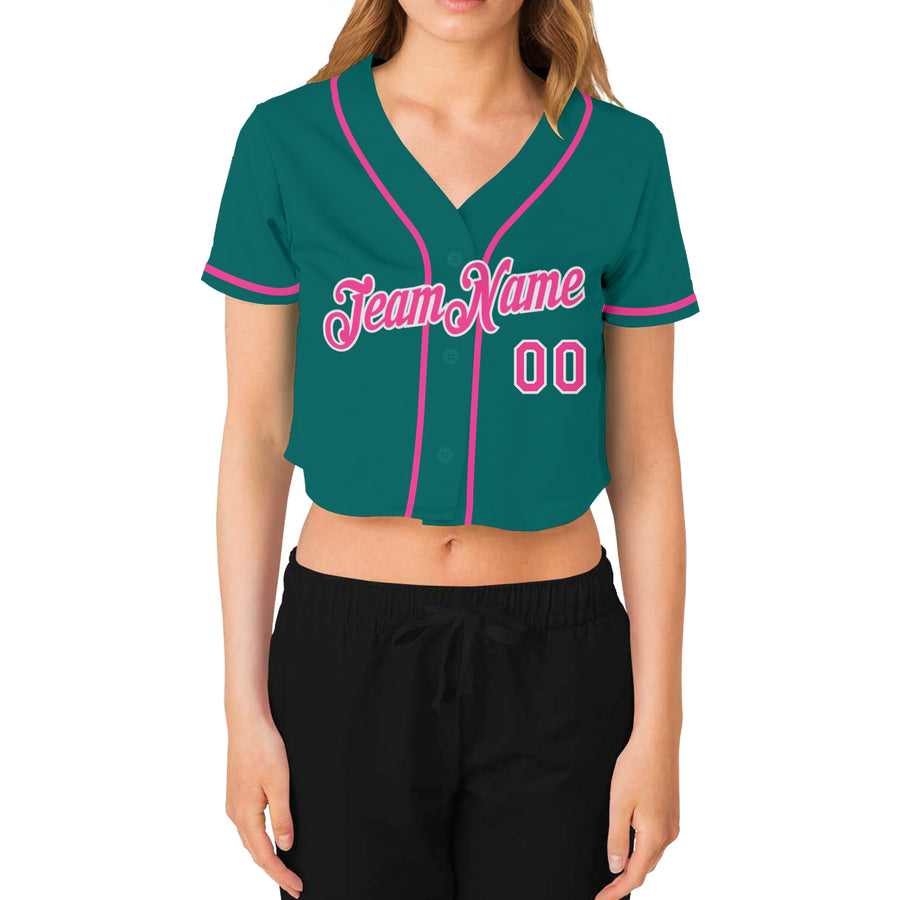 Custom Women's Aqua Pink-White V-Neck Cropped Baseball Jersey