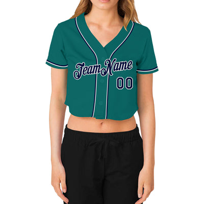 Custom Women's Aqua Navy-White V-Neck Cropped Baseball Jersey