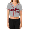 Custom Women's Gray Red-Navy V-Neck Cropped Baseball Jersey