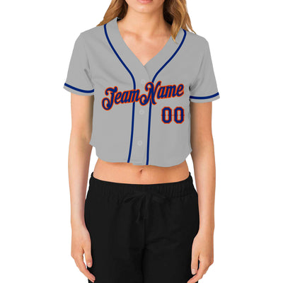 Custom Women's Gray Royal-Orange V-Neck Cropped Baseball Jersey