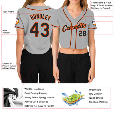 Custom Women's Gray Black-Orange V-Neck Cropped Baseball Jersey