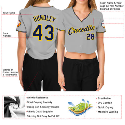 Custom Women's Gray Navy-Gold V-Neck Cropped Baseball Jersey