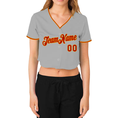 Custom Women's Gray Red-Gold V-Neck Cropped Baseball Jersey