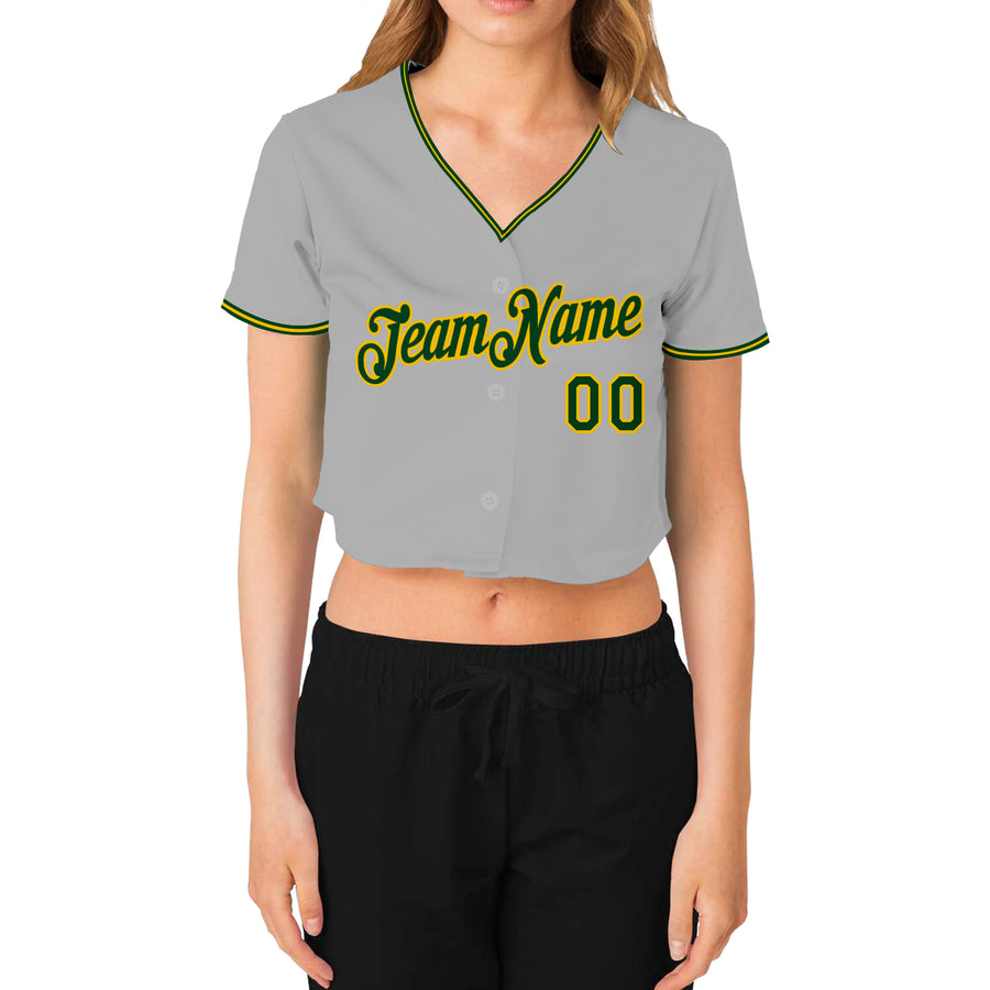 Custom Women's Gray Green-Gold V-Neck Cropped Baseball Jersey