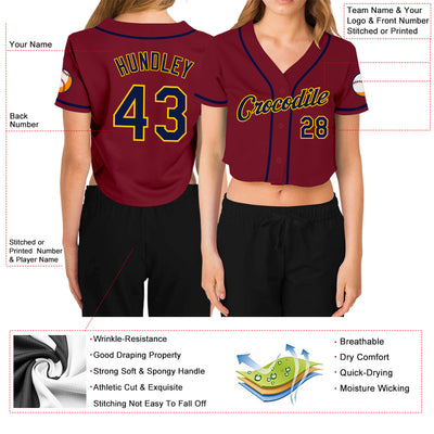 Custom Women's Crimson Navy-Gold V-Neck Cropped Baseball Jersey