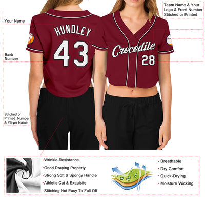 Custom Women's Crimson White-Black V-Neck Cropped Baseball Jersey