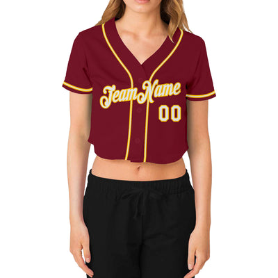 Custom Women's Crimson White-Gold V-Neck Cropped Baseball Jersey