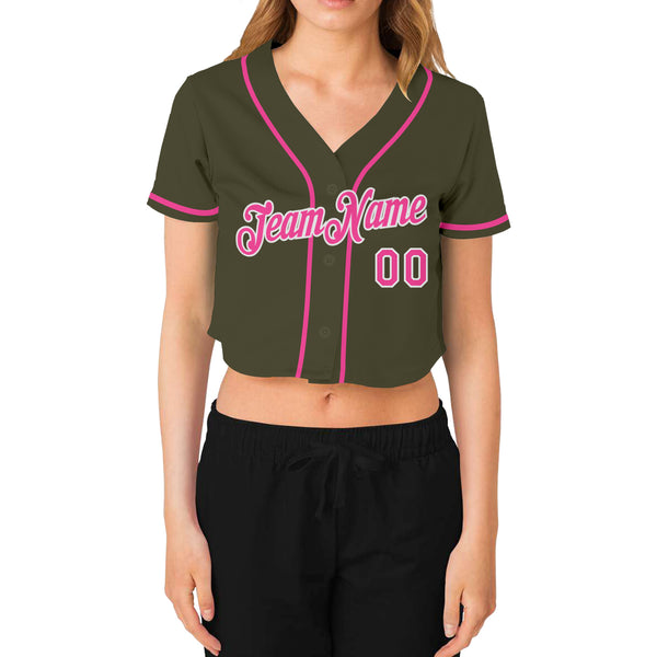 Custom Women's Olive Pink-White Salute to Service V-Neck Cropped Baseball Jersey Women's Size:S