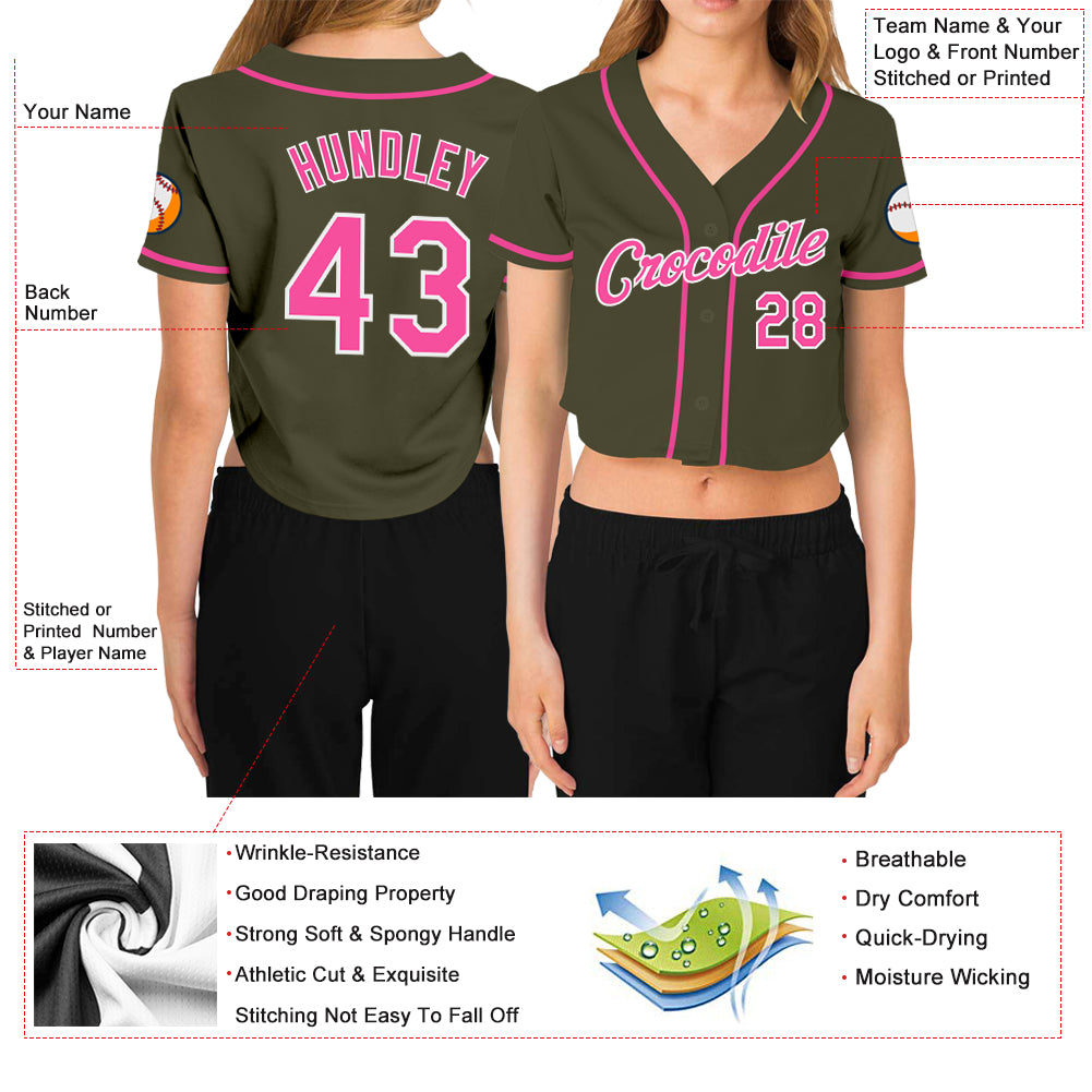 Custom Women's Olive Pink-White Salute to Service V-Neck Cropped Baseball Jersey Women's Size:S