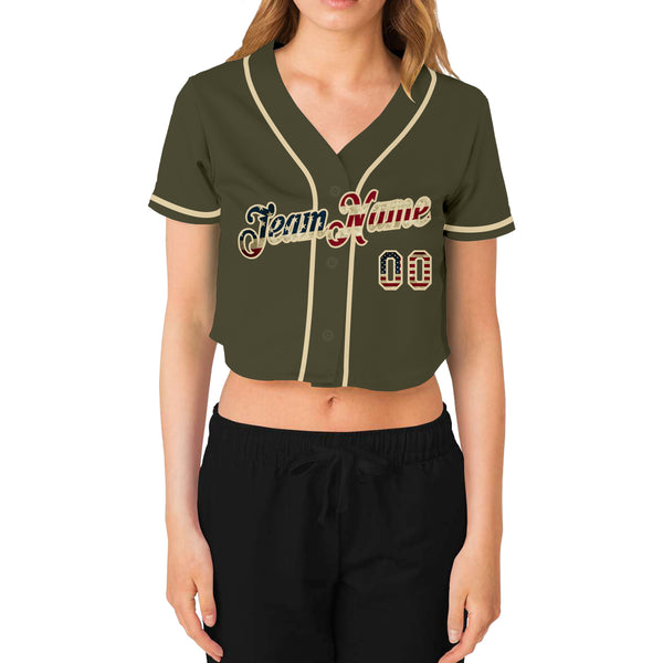 Custom Women's Olive Vintage USA Flag-Cream Salute to Service V-Neck Cropped Baseball Jersey Women's Size:3XL