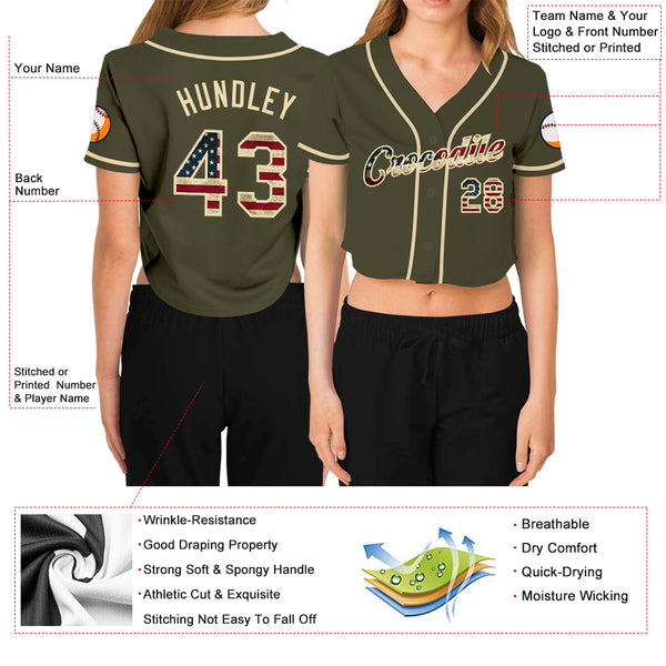 Custom Women's Olive Vintage USA Flag-Cream Salute to Service V-Neck Cropped Baseball Jersey Women's Size:3XL