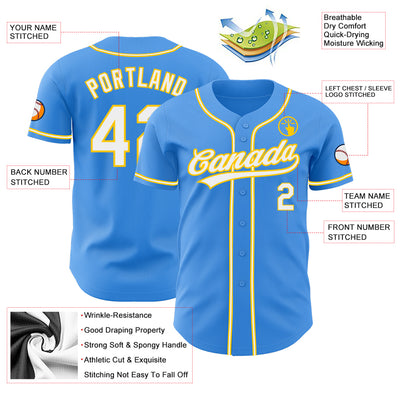 Custom Electric Blue White-Yellow Authentic Baseball Jersey