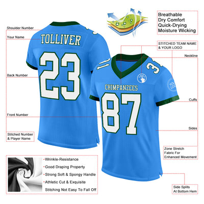 Custom Powder Blue White-Green Mesh Authentic Football Jersey