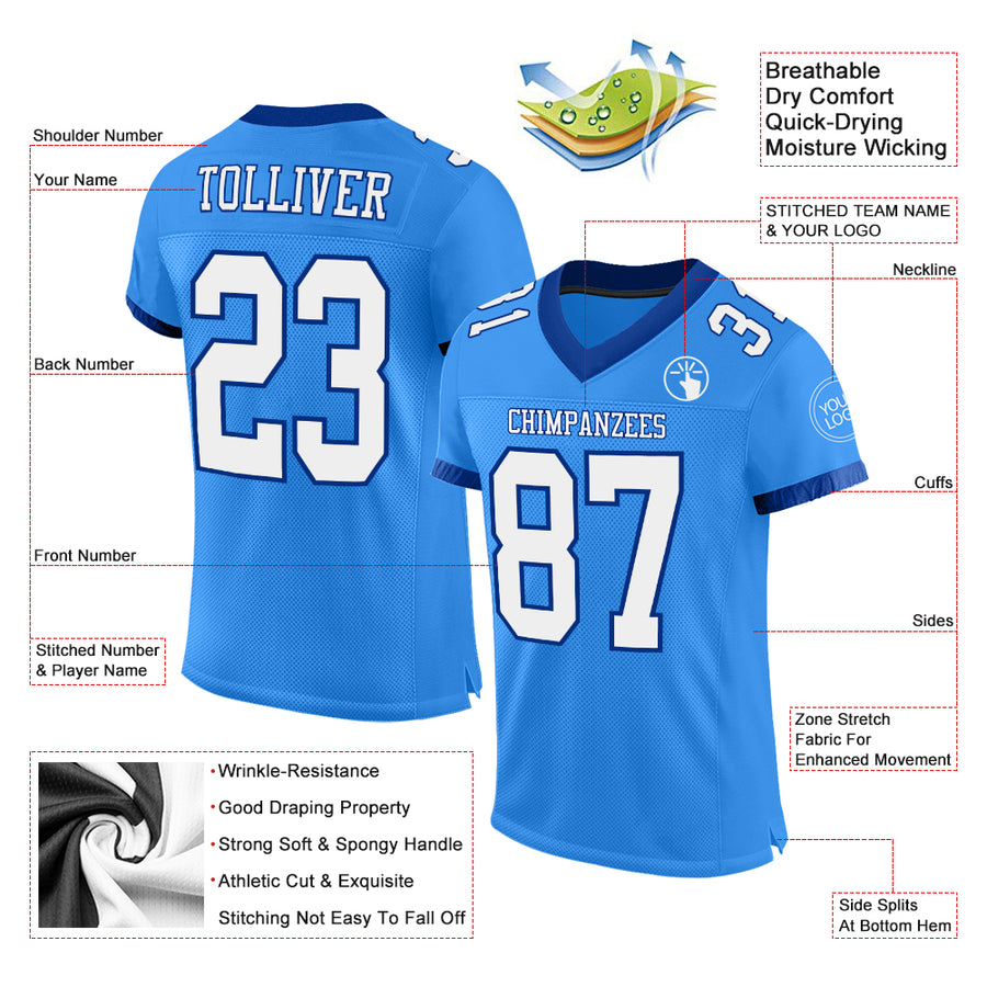 Custom Powder Blue White-Royal Mesh Authentic Football Jersey